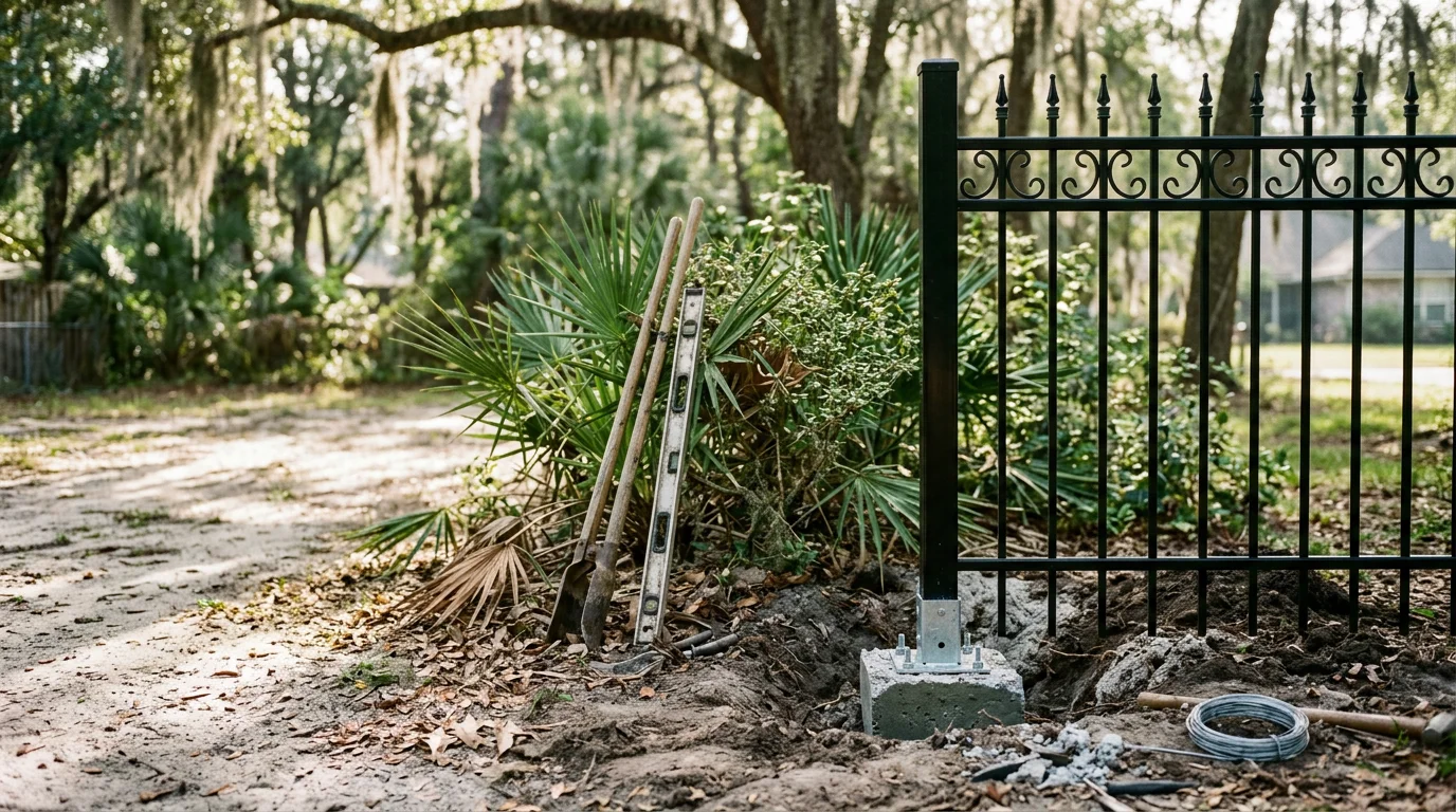 A black iron fence installed along the front yard of a residential property in Jacksonville, Florida, with clean vertical pickets and secure post anchoring visible at the base.