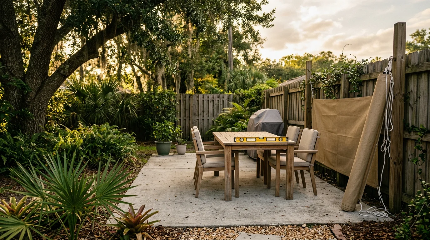 Lawn furniture arranged on a residential backyard patio in Jacksonville, Florida, with a wood privacy fence in the background. Outdoor seating and a dining set positioned on a shaded concrete pad typical of Northeast Florida homes.