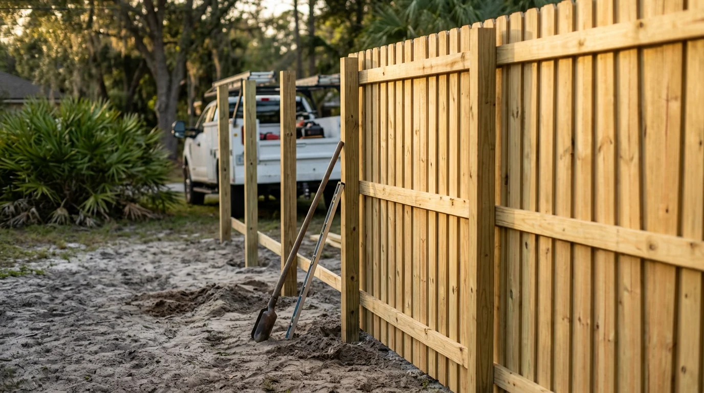 A completed residential fence installation in a Jacksonville, Florida backyard, showing a sturdy privacy fence standing along a property line in a neighborhood typical of the Duval County area. The fence reflects the kind of durable construction needed to handle North Florida's heat, humidity, and storm season.