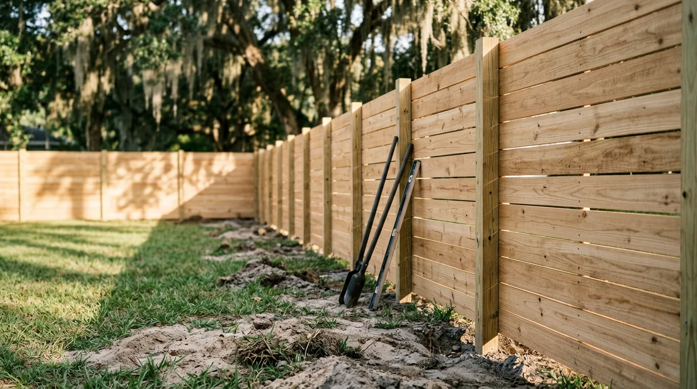 A completed wooden privacy fence installed along the backyard of a residential home in Jacksonville, Florida, with green grass and mature trees visible in the background. The fence panels are evenly spaced and securely posted, reflecting a finished installation typical of neighborhoods across Duval County.