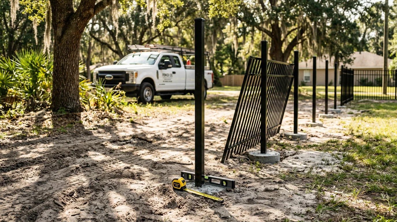 A metal picket fence installed along the front yard of a residential property in Jacksonville, Florida. The fence runs along a green lawn with a clear gate entry, showing clean post alignment and open picket spacing.