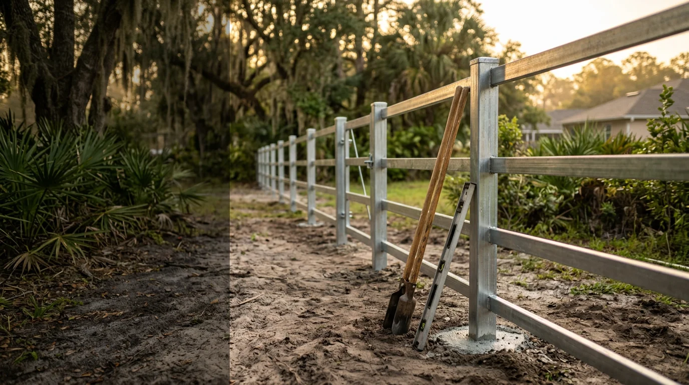 A metal fence with open picket panels installed along the front yard of a Jacksonville residential property. The fence runs along a green lawn with a matching swing gate at the driveway entry.