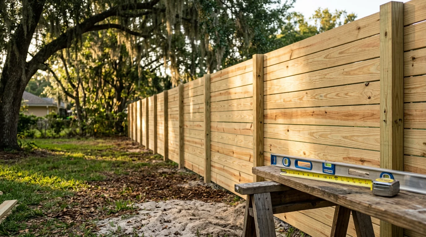 A newly installed wood privacy fence running along the backyard of a residential home in Jacksonville, Florida. The fence line is straight and level, with a latched gate visible at the side yard entry.