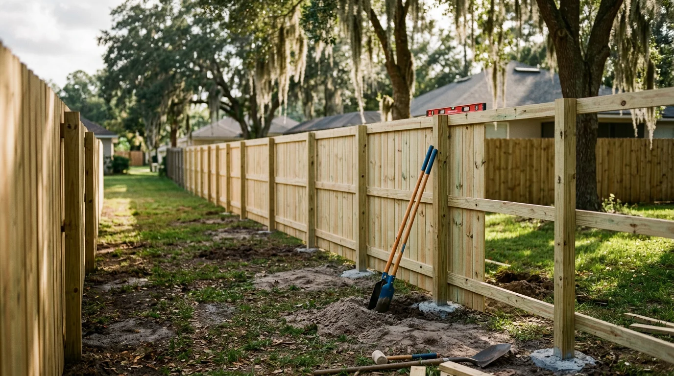 A newly installed residential fence along the backyard of a Jacksonville home, with clean post lines and a full perimeter enclosure visible against a Florida sky.