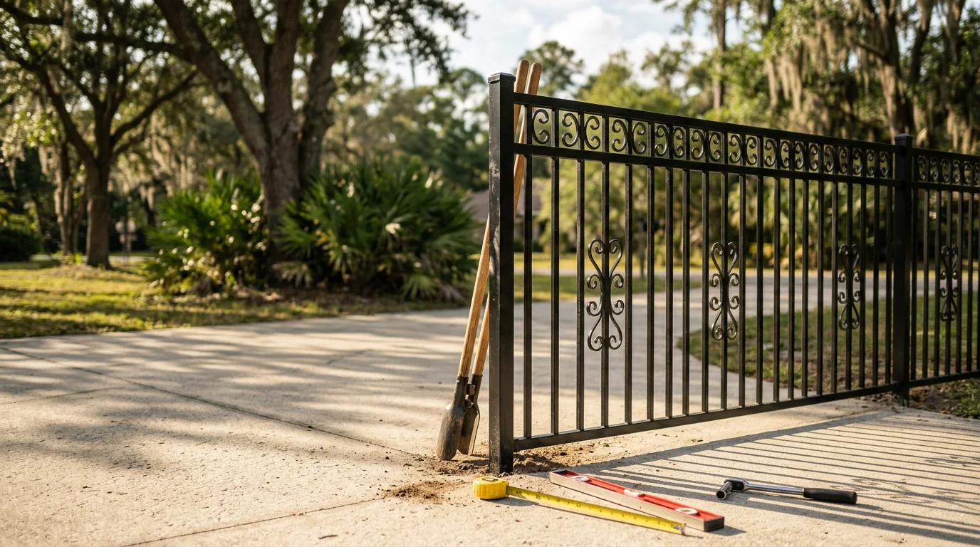 Ornamental metal fence installed along the front yard of a Jacksonville residential property, with open picket panels and a clean black finish. The fence runs along a landscaped property line typical of neighborhoods in the Jacksonville area.