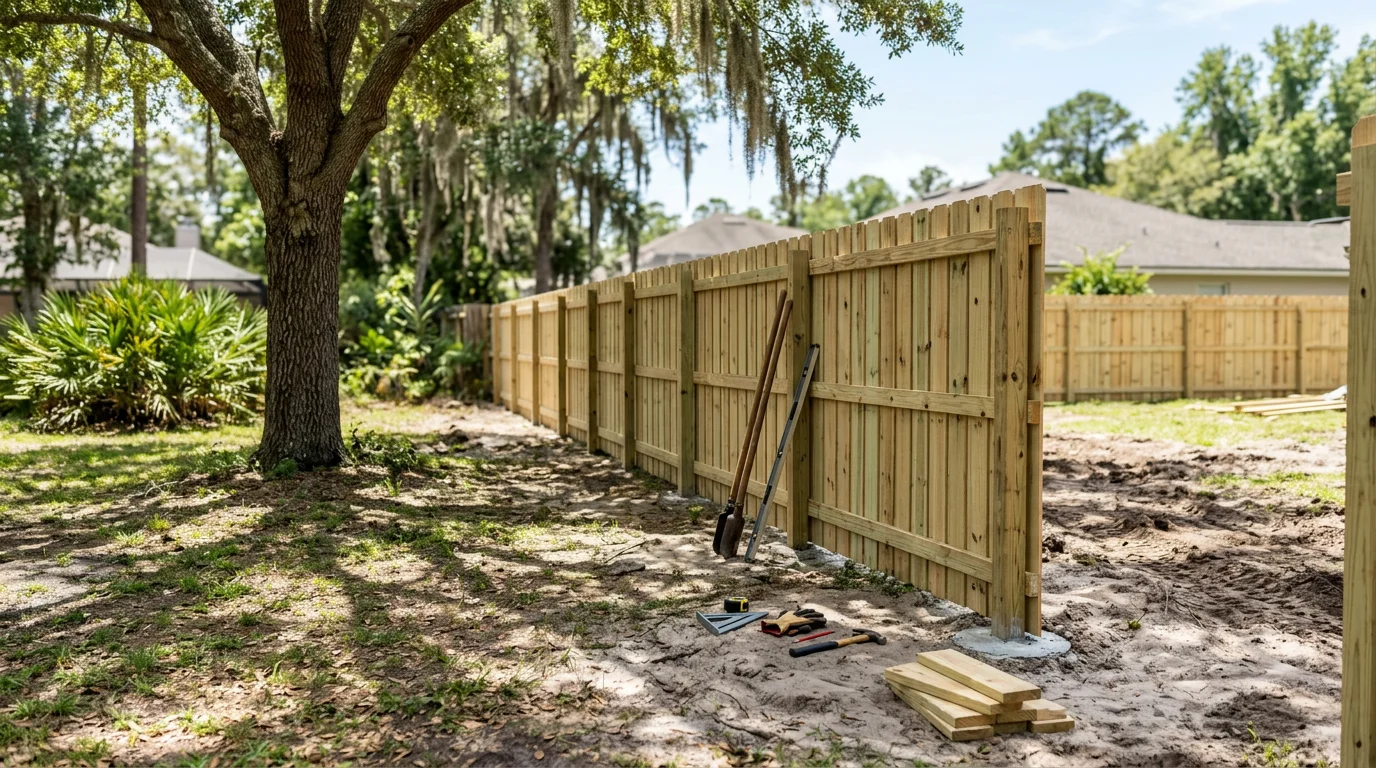 A newly installed wood privacy fence along the backyard of a Jacksonville, Florida residential home, with green grass and a clear blue sky overhead. The fence runs along a straight property line typical of Duval County neighborhoods.