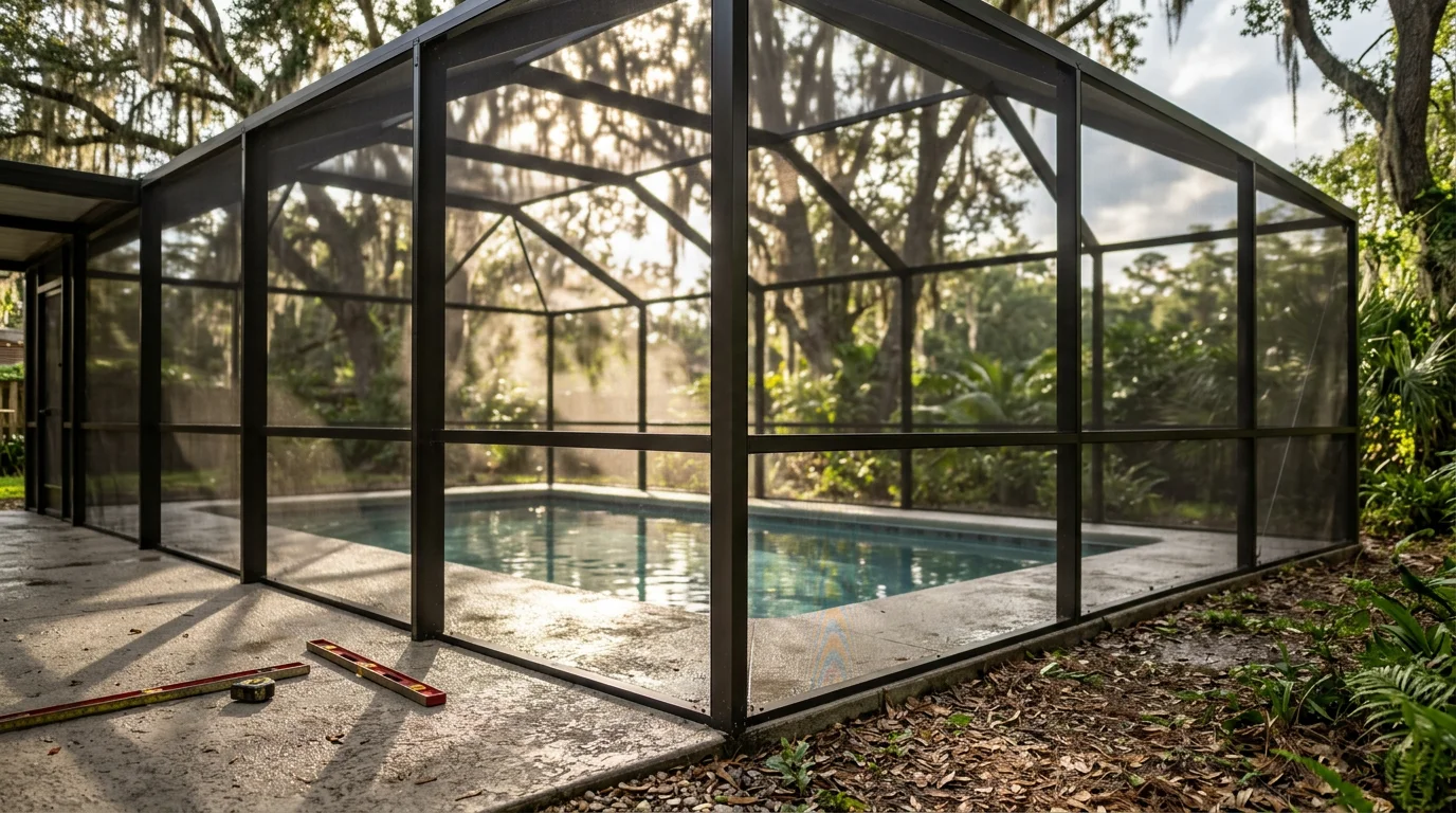 A screened pool enclosure installed in a Jacksonville backyard, with aluminum framing surrounding a residential swimming pool on a sunny North Florida day.