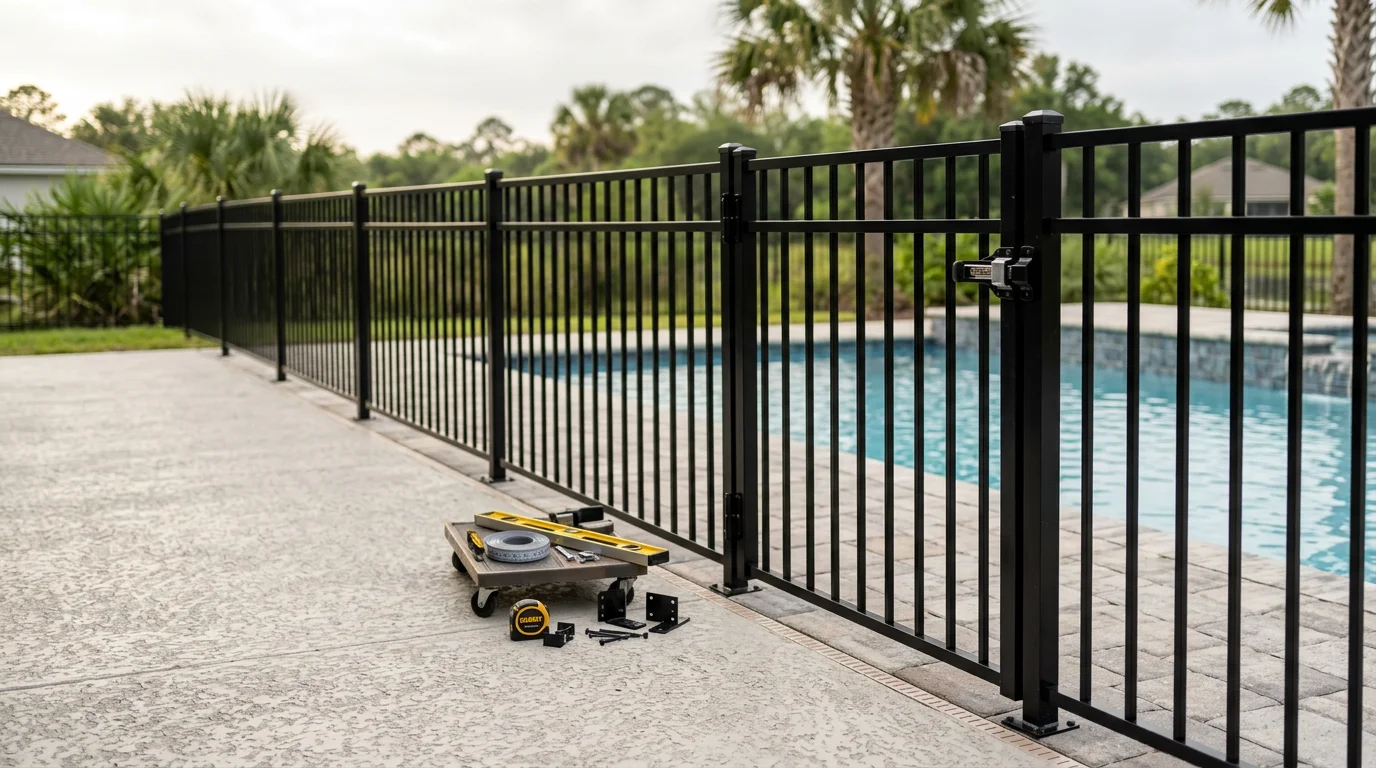 A residential backyard pool in Jacksonville, Florida enclosed by a newly installed fence with a self-latching gate. The barrier runs the full perimeter of the pool area on a typical Northeast Florida property.