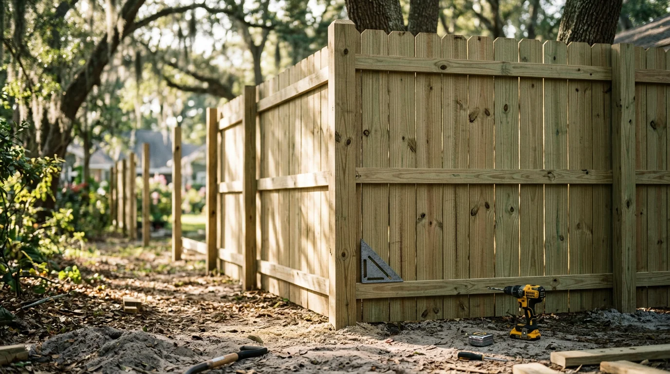 A pressure treated wood privacy fence installed in a Jacksonville backyard, with natural lumber tones and concrete-set posts visible along a residential property line. The fence runs the length of the yard under a clear Florida sky.