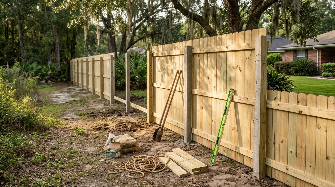 A tall wooden privacy fence installed along the backyard perimeter of a residential home in Jacksonville, Florida. The fence runs the full length of the property line with a closed gate, providing a solid visual barrier from the street.