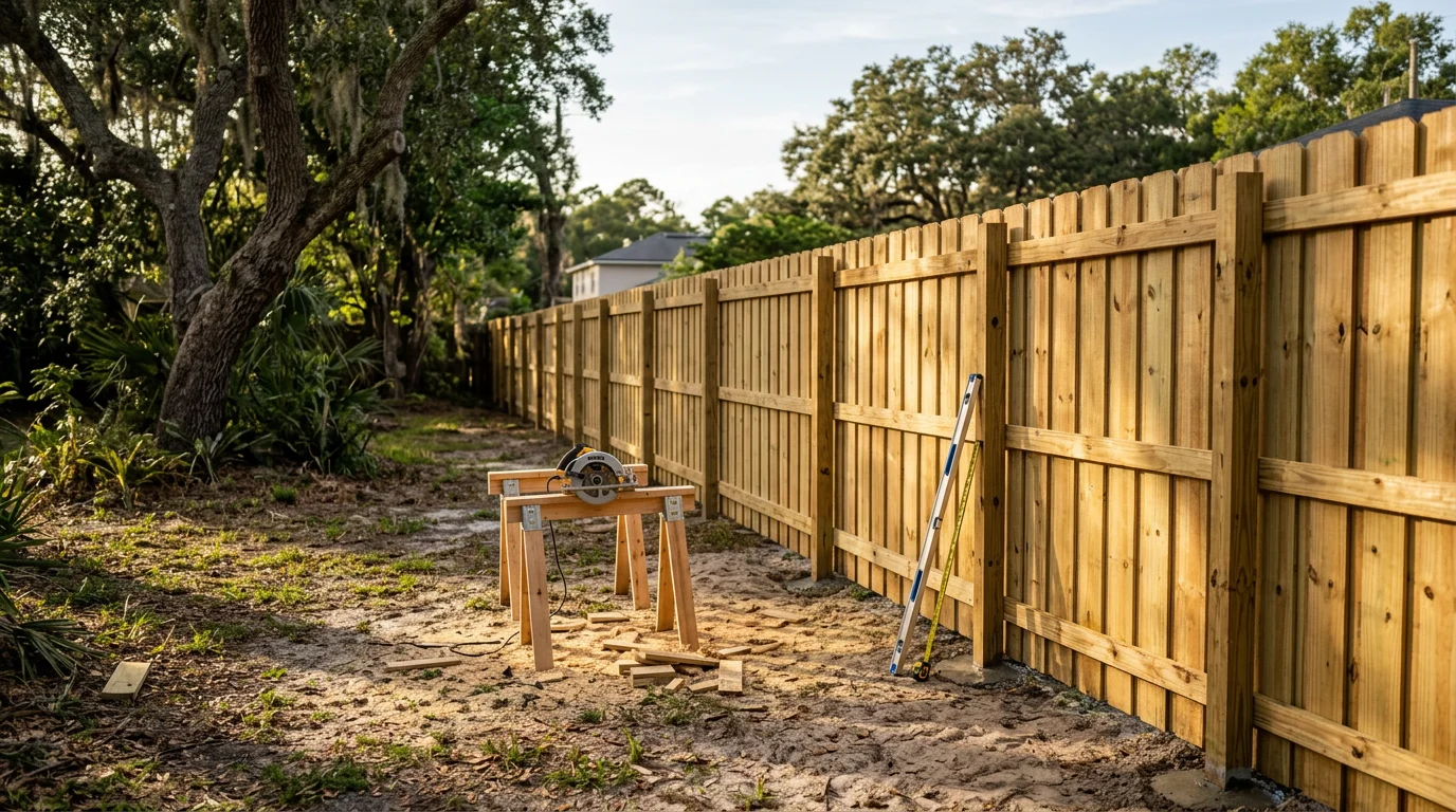 A tall wood privacy fence installed along the backyard property line of a Jacksonville residential home, with green grass and a clear blue Florida sky visible above the fence line. The fence panels are evenly spaced and set on straight posts, showing a clean finished installation.