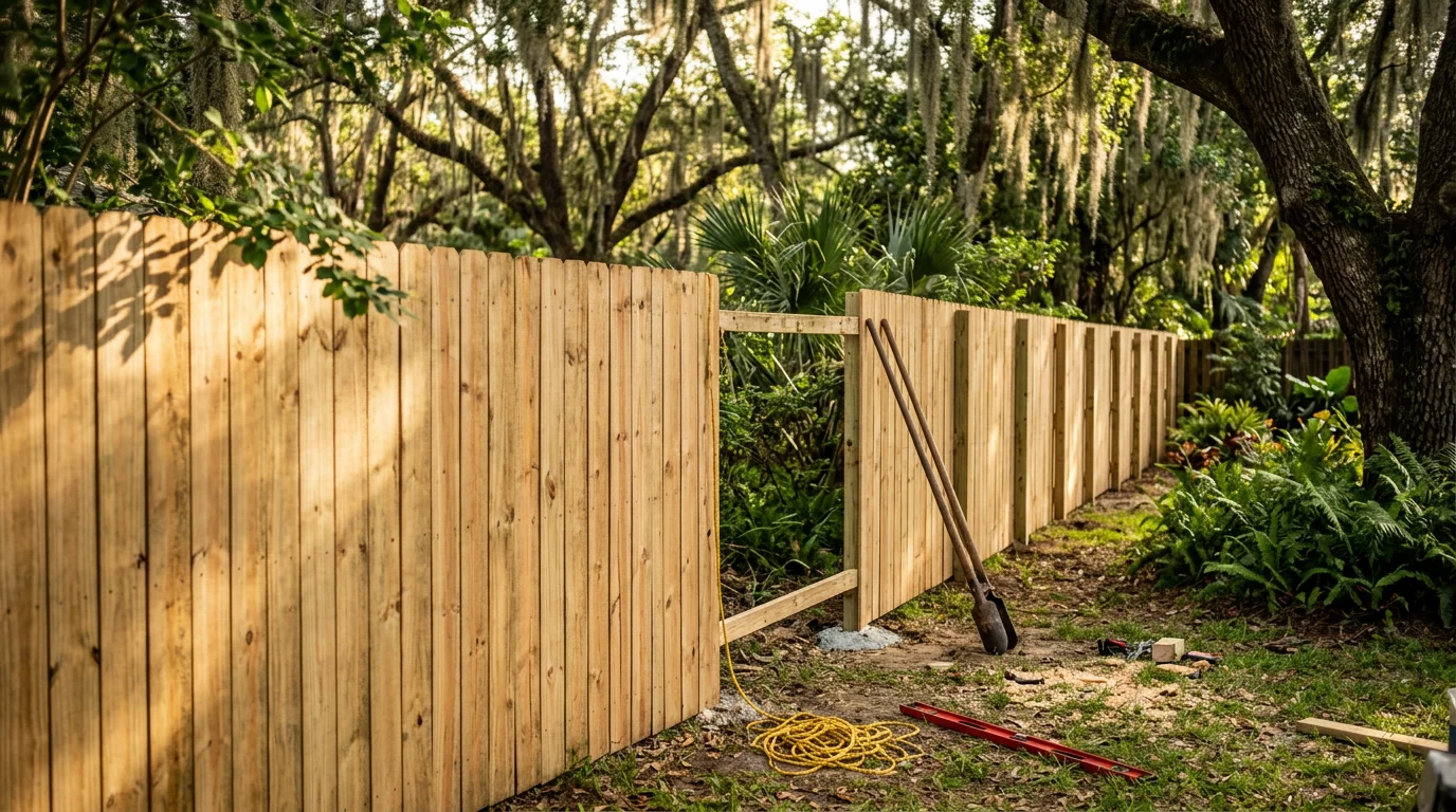 A newly installed residential privacy fence in a Jacksonville, Florida backyard, with green grass and a clear blue sky visible above the fence line. The fence runs along the full rear property boundary of a single-family home in a Duval County neighborhood.