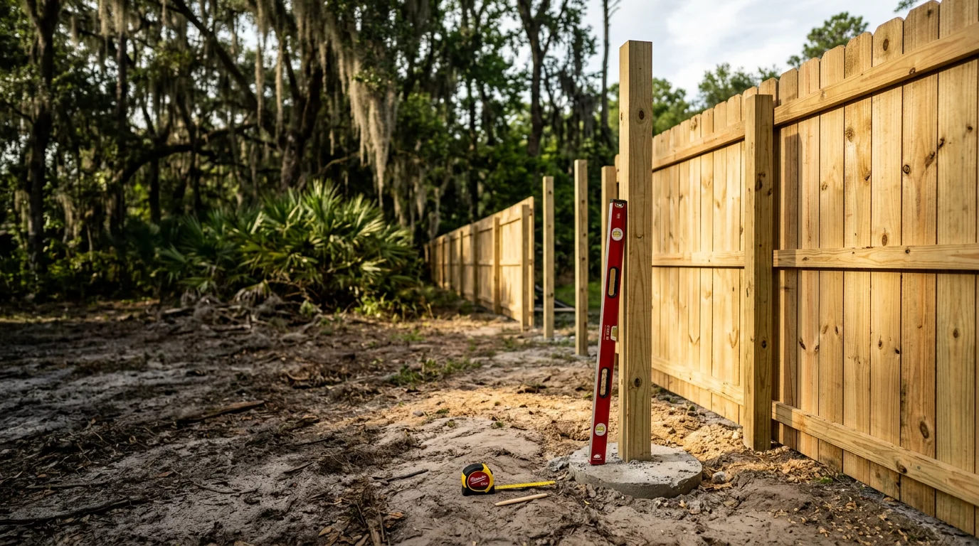 A newly installed residential privacy fence in a Jacksonville backyard, with green grass and a clear blue Florida sky. The fence runs along the full property line of a single-family home in a suburban neighborhood.