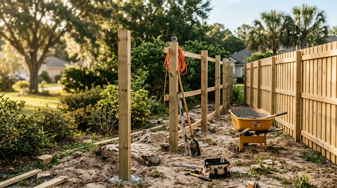 A newly installed residential privacy fence in a Jacksonville backyard, with clean post lines and a latched gate visible along the property boundary. The surrounding yard shows typical Northeast Florida landscaping with green grass and mature trees.