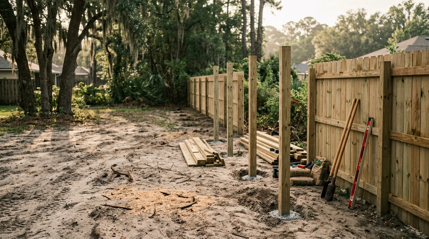A newly installed residential privacy fence along the backyard of a Jacksonville home, with green grass and a clear blue Florida sky visible above the fence line.