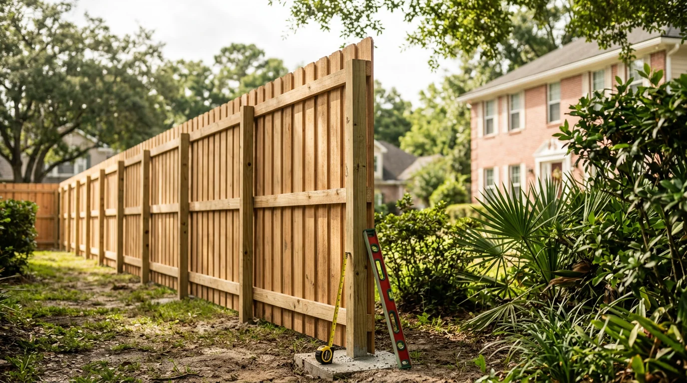 A completed residential wood privacy fence installed in a Jacksonville backyard, with a clean gate and green lawn visible. The fence runs along the rear property line of a single-family home in a suburban neighborhood.