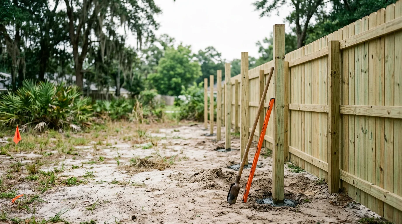 A newly installed residential fence along the backyard of a Jacksonville home, with green grass and a clear property line visible. The fence runs the full length of the yard under a bright Florida sky.