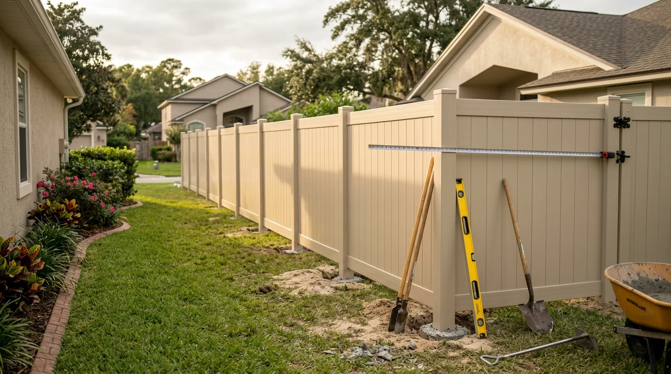 A newly installed six-foot privacy fence running along the rear yard of a Jacksonville residential home, with green grass and a clear blue Florida sky in the background. The fence panels are evenly spaced and set on straight posts, showing a finished residential installation in a suburban Jacksonville neighborhood.