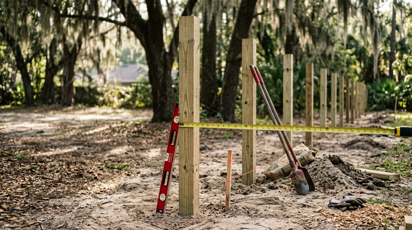 A newly installed residential fence along a Jacksonville property line, with a green lawn and mature Florida trees visible in the background. The fence posts are set straight and level, showing clean workmanship suited to the local climate.