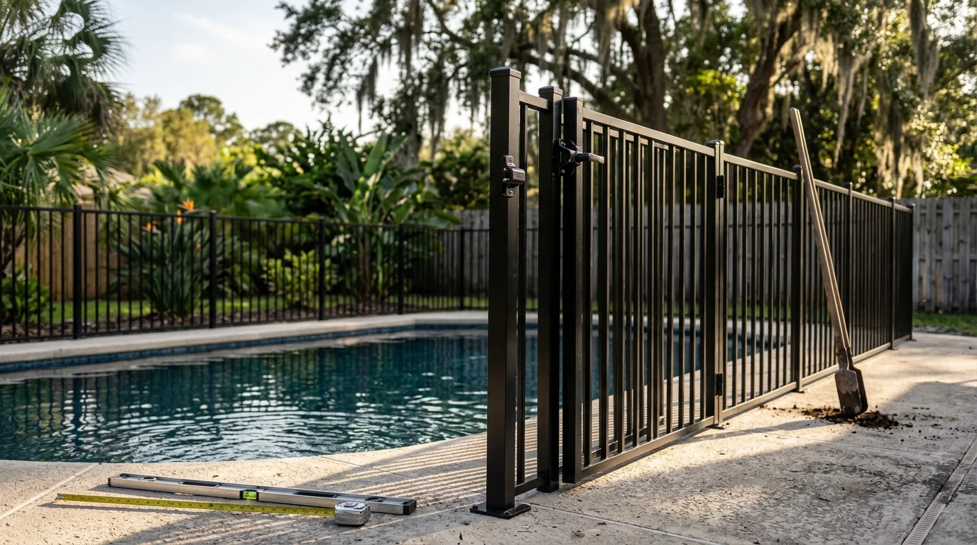 A code-compliant safety barrier fence with a self-latching gate installed around a residential backyard pool in Jacksonville, Florida. The fence stands at least 48 inches tall with no visible gaps along the base or between fence sections.