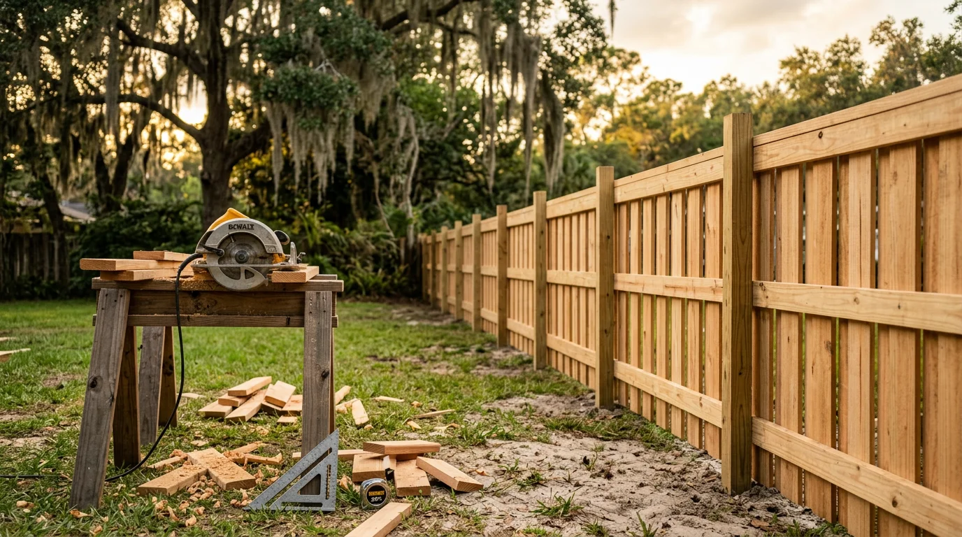 A wood shadowbox fence installed along the backyard of a residential property in Jacksonville, Florida, showing the alternating picket pattern from both the interior yard side and the exterior neighbor-facing side. The fence runs along a green lawn with mature trees visible in the background.