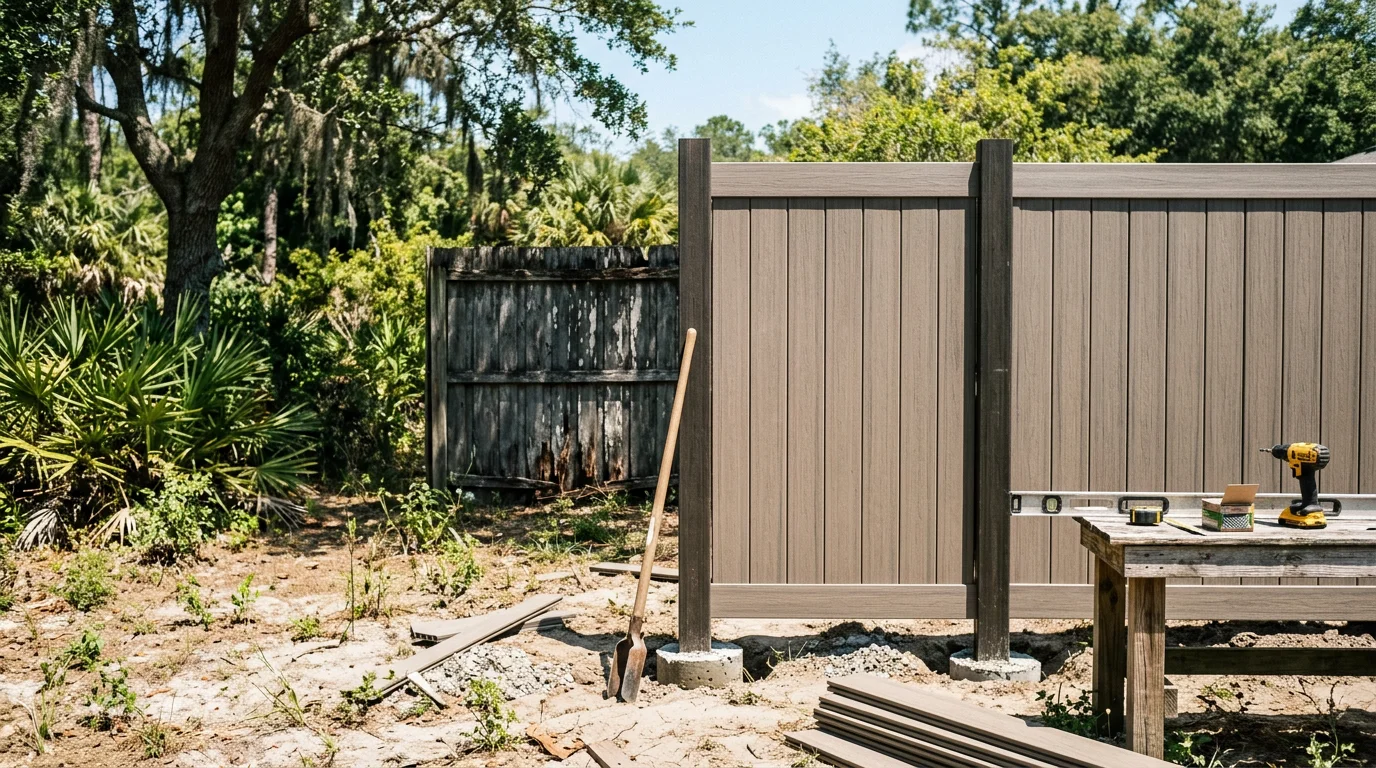 A newly installed Trex composite privacy fence along the backyard of a Jacksonville residential property, showing clean interlocking boards and a finished gate post. The fence stands against a clear Florida sky with mature landscaping visible along the property line.