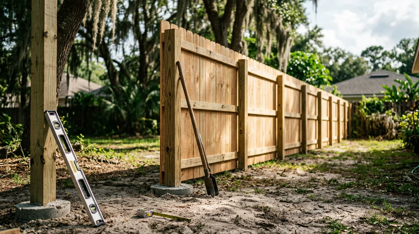 A newly installed wood privacy fence along the backyard of a residential home in Jacksonville, Florida, with a clear blue sky and mature trees visible in the background. The fence posts are set straight and level on a green lawn typical of Duval County properties.