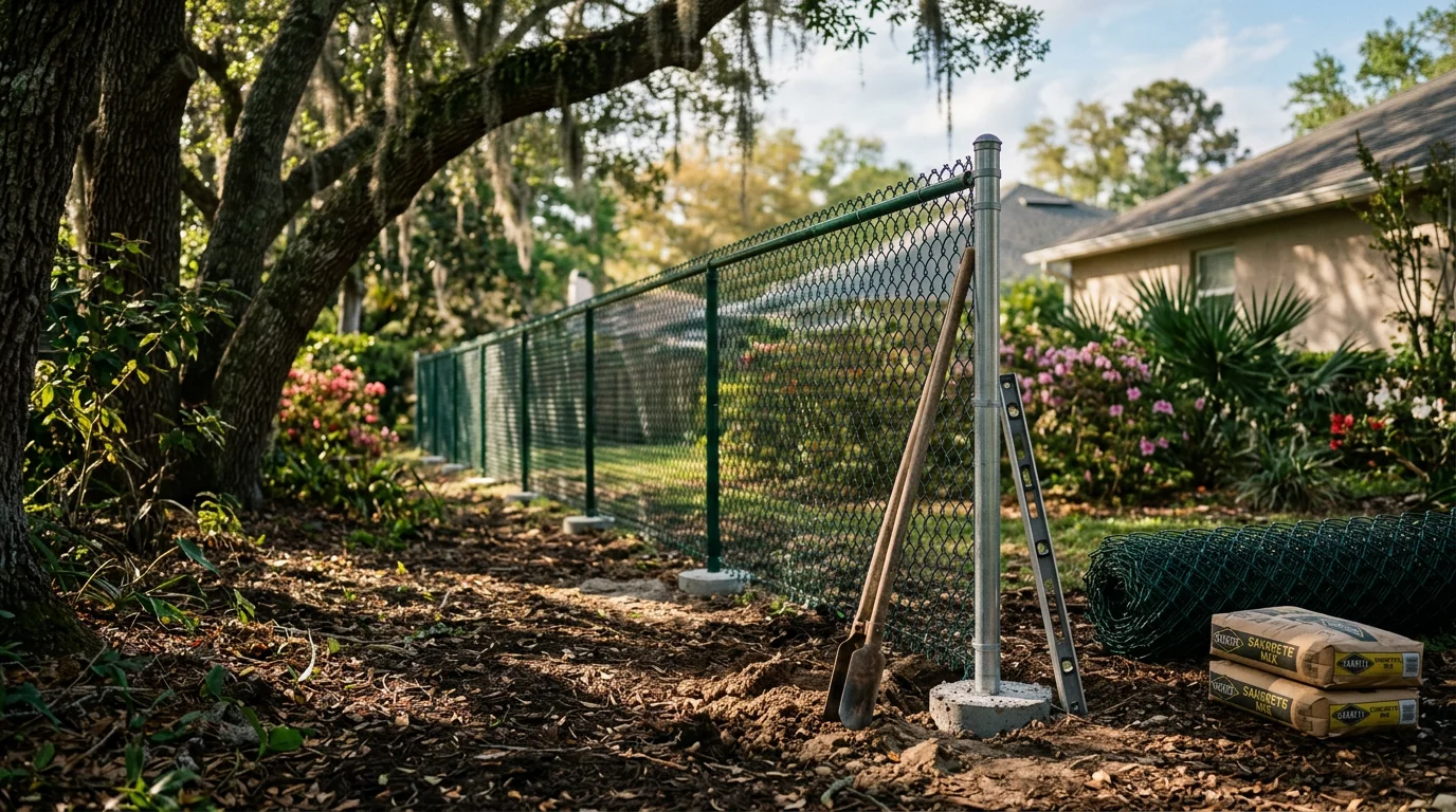 Vinyl coated black chain link fence installed along the backyard boundary of a Jacksonville, Florida residential property. The fence runs along a green lawn with a single swing gate visible near the corner of the yard.