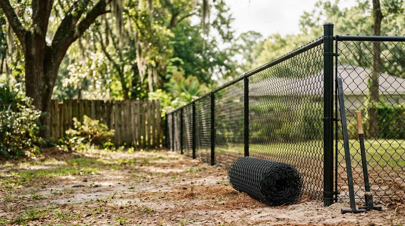 Vinyl coated black chain link fence installed along the backyard boundary of a Jacksonville residential property. Steel posts set in concrete anchor the coated mesh fence, with a residential neighborhood visible in the background.