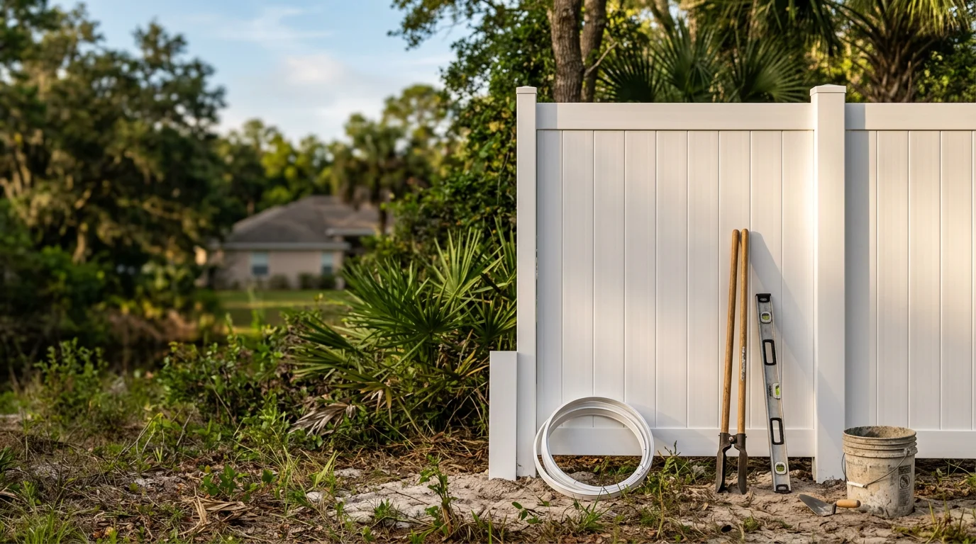 A white vinyl privacy fence installed along the backyard of a residential home in Jacksonville, Florida, with green grass and a clear blue sky visible above the fence line.