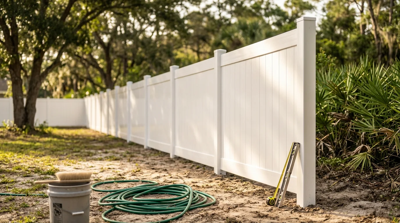 A white vinyl privacy fence installed along the backyard of a residential home in Jacksonville, Florida. Clean panel sections run the full length of the property line with a matching gate on the side yard.