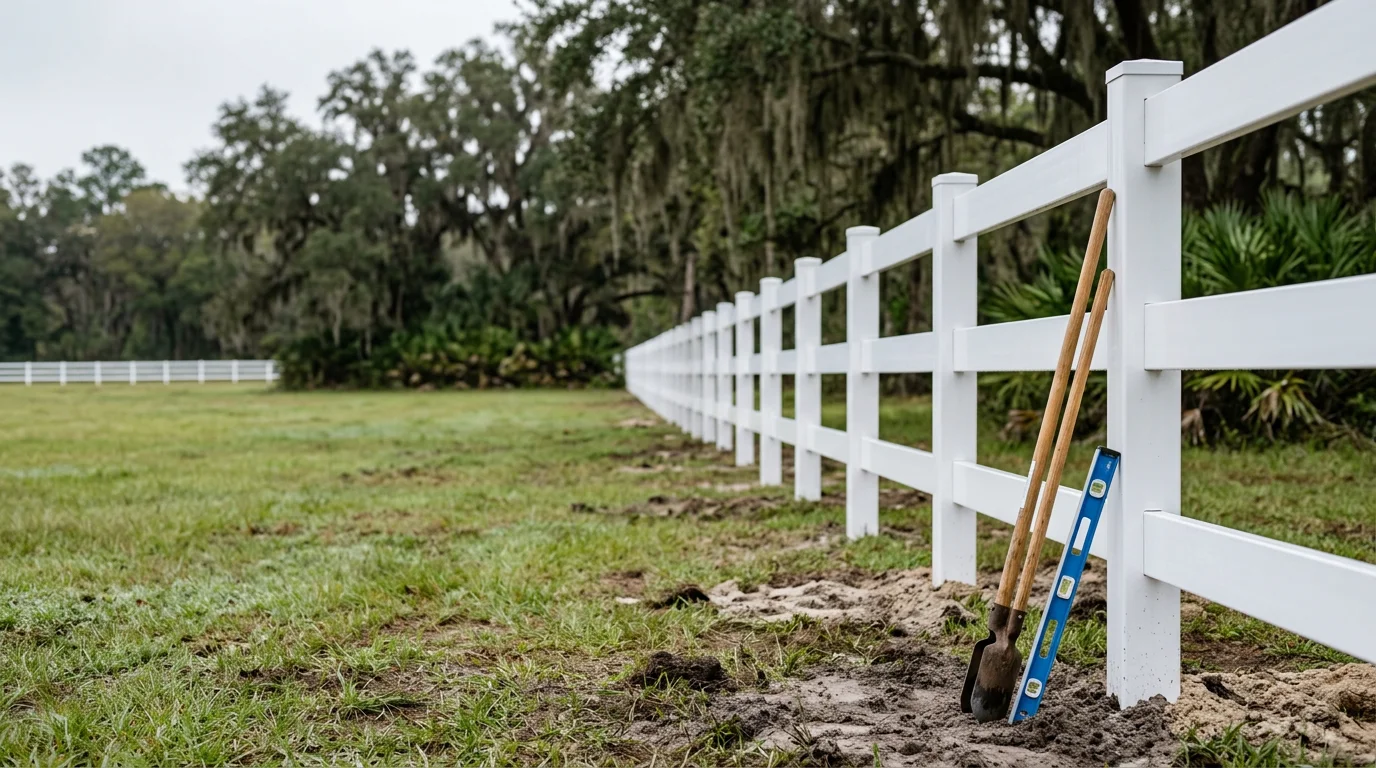 A white vinyl three-rail horse fence installed along a grassy pasture on a residential property in Jacksonville, Florida. The fence runs along a flat open lot with mature trees visible in the background under a clear blue sky.