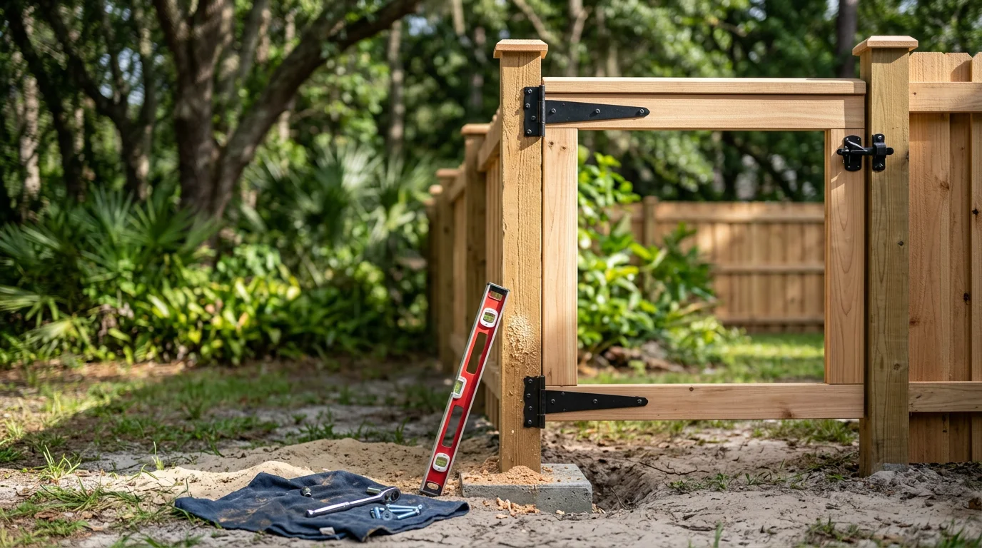 A newly installed walk gate set in a residential fence line in Jacksonville, Florida, with the gate hanging plumb and the latch closed. The surrounding yard shows a typical Jacksonville neighborhood property with mature trees and a clear side-yard access path.