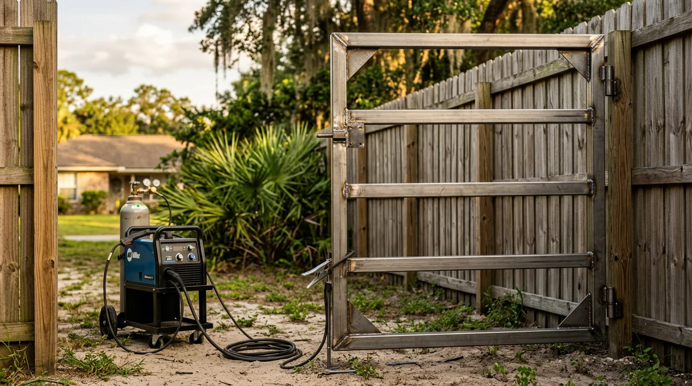 A welded metal fence gate installed at a residential property in Jacksonville, Florida, with a solid frame aligned to a wood privacy fence along a green backyard. The gate latch and hinges are visible against a clear Florida sky.