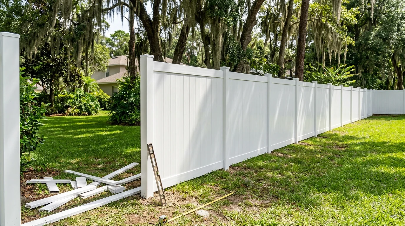A white fence installed along the front yard of a residential home in Jacksonville, Florida, with a clean picket design and green lawn visible behind it. The fence runs along a clearly defined property line in a neighborhood typical of the Jacksonville area.