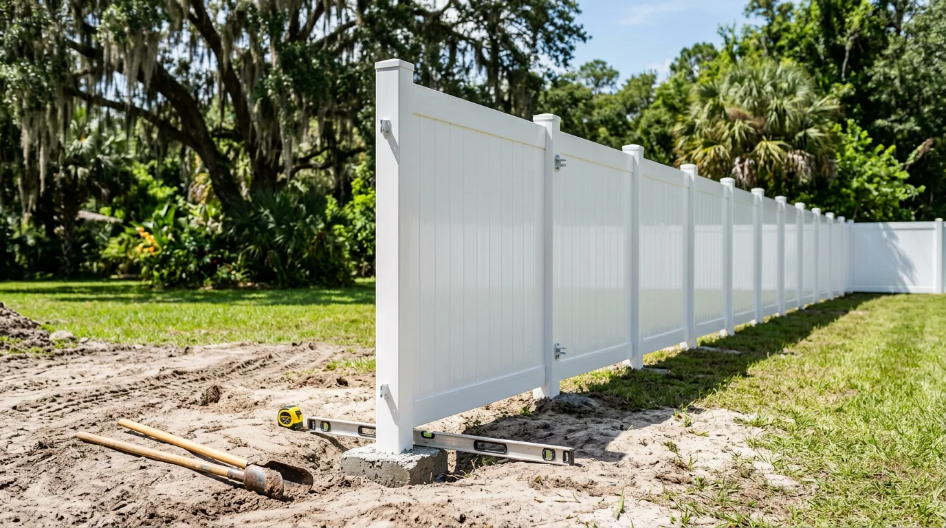 A white vinyl privacy fence installed along the backyard of a Jacksonville home, with clean panel lines and a latched gate visible under a clear Florida sky. The fence runs the full length of the property, showing a finished installation in a residential neighborhood.
