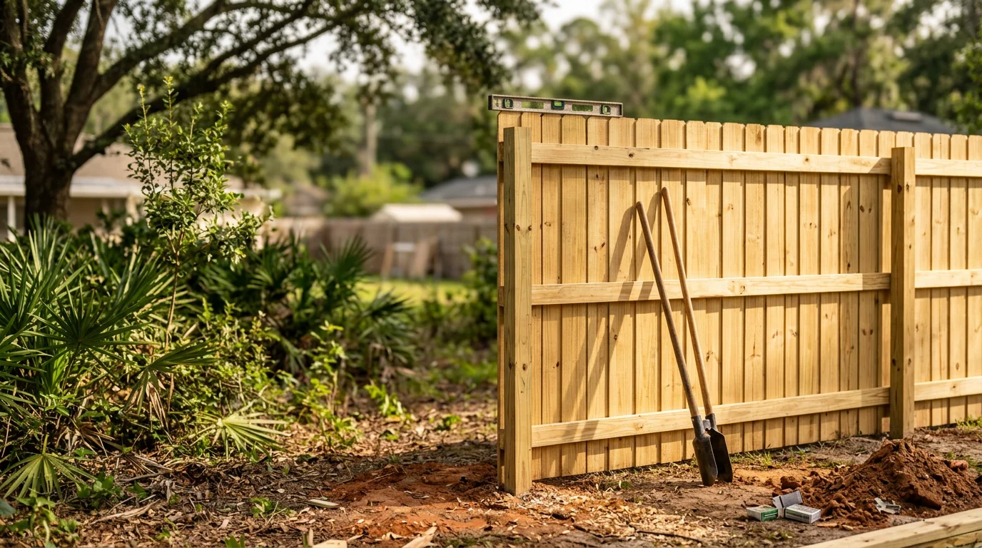 A newly installed wood privacy fence running along the backyard of a residential home in Jacksonville, Florida, with green grass and mature trees visible behind the fence line. The fence features tight board-on-board construction suited to the humid Northeast Florida climate.