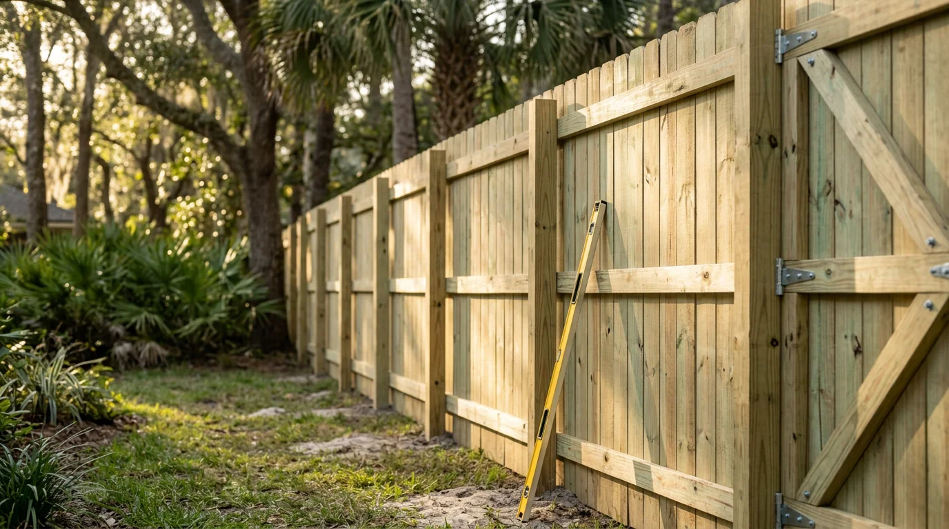 A tall wood privacy fence installed along the backyard of a Jacksonville home, with clean board lines and a natural wood finish. The fence borders a green lawn on a sunny Florida day.