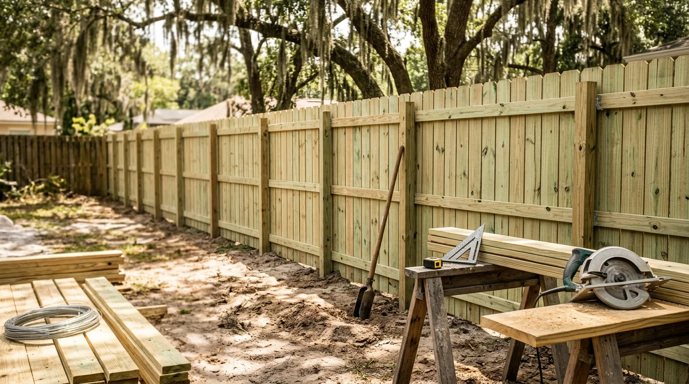 A newly installed wood privacy fence running along the backyard of a residential home in Jacksonville, Florida. The fence features evenly spaced boards and solid post construction suited for the local climate.