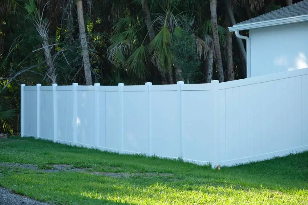 A white vinyl privacy fence, expertly installed by a top fencing company in Duval County, FL, borders a grassy area with tall palm trees as the backdrop. To the right, a white building with a gray roof peeks into view.